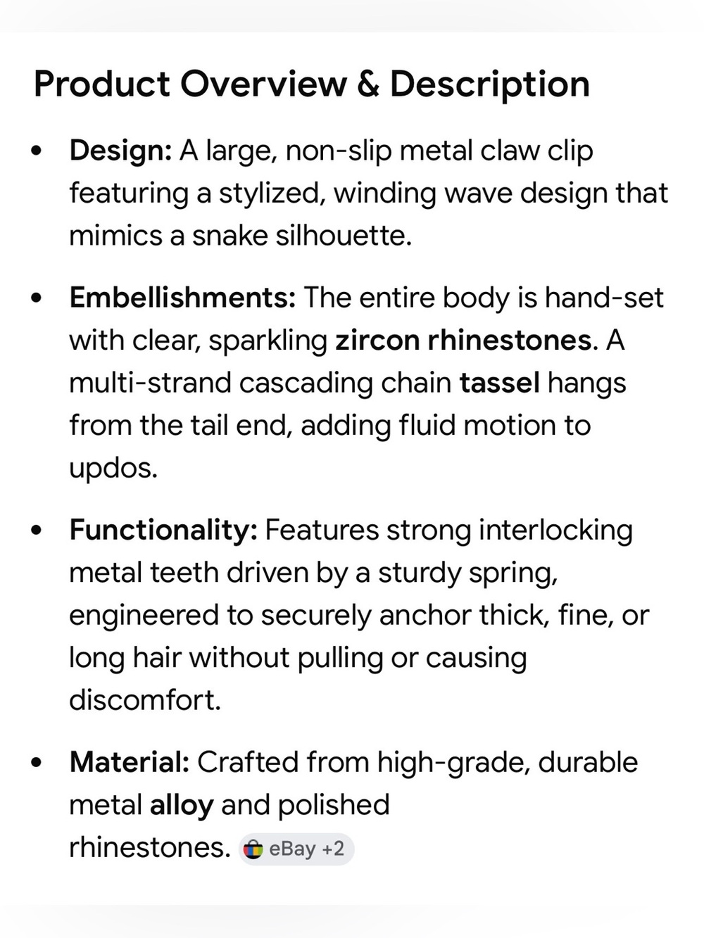 2 for $30 🆕 Rhinestone Snake  Hair Clip - Elegant Women’s Hair Accessory - Picture 2 of 14